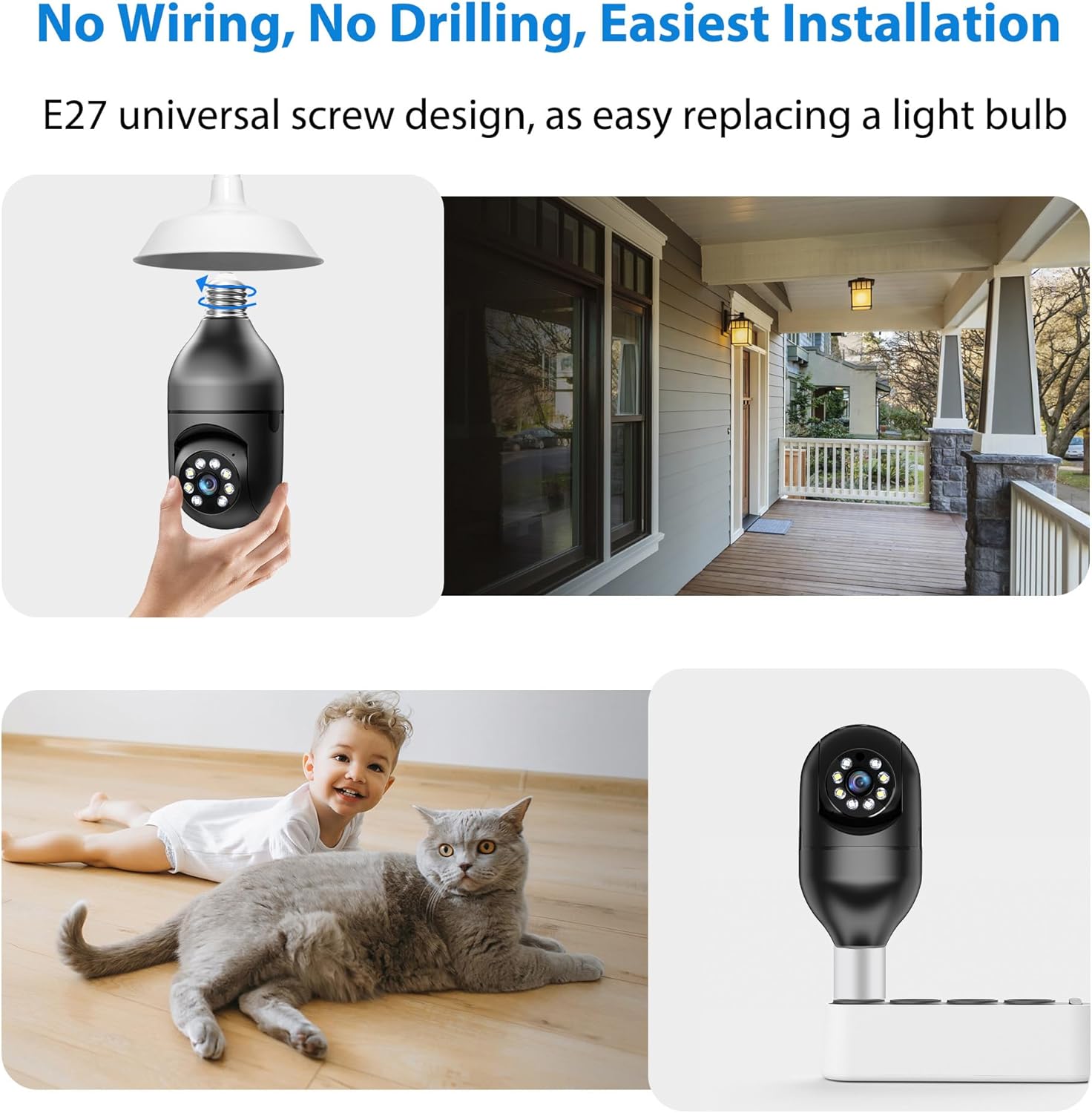 2K Light Bulb Security Camera, 2.4/5GHz Wi-Fi 6 Security Cameras Wireless Outdoor, 360° PTZ Cameras for Home Security with Color Night Vision, AI Human Detection, 2 Way Talk, Easy Installation,2 Packs