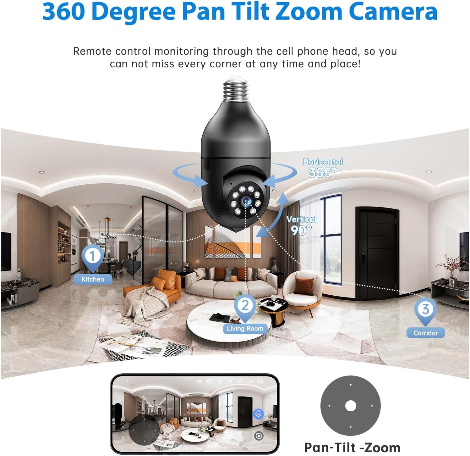 2K Light Bulb Security Camera, 2.4/5GHz Wi-Fi 6 Security Cameras Wireless Outdoor, 360° PTZ Cameras for Home Security with Color Night Vision, AI Human Detection, 2 Way Talk, Easy Installation,2 Packs
